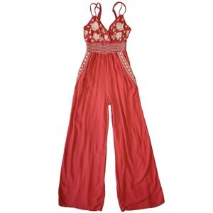 American Eagle Embroidered Jumpsuit Womens XS Wide Leg Boho Chic Floral Western‎